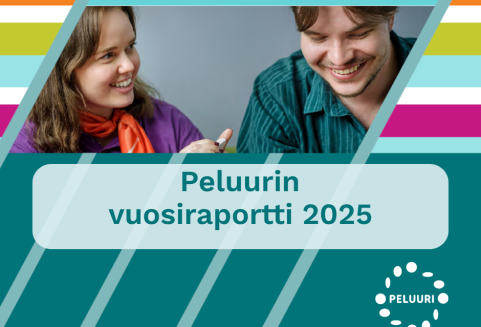 Nainen ja mies hymyilevät. Peluurin vuosiraportti 2025 ja Peluurin logo.
