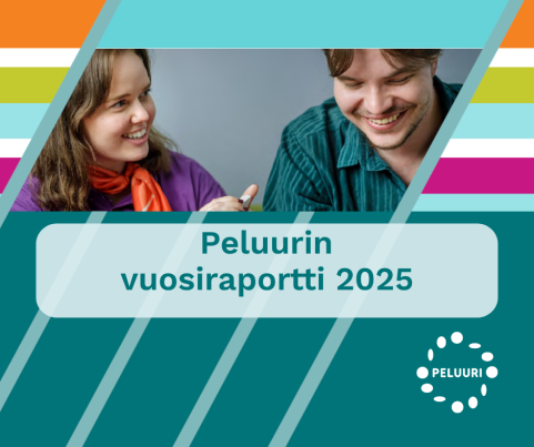 Nainen ja mies hymyilevät. Peluurin vuosiraportti 2025 ja Peluurin logo.